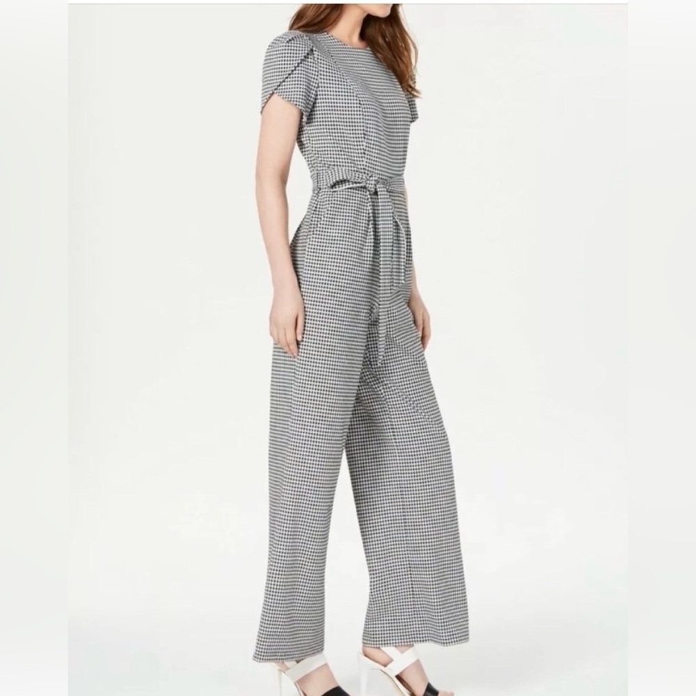 Calvin Klein Monochrome Women's Tie-Waist Tulip-Sleeve Jumpsuit, 12 Black white